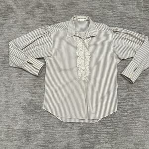 Vintage Gunne Sax Shirt Womens 7 White Burgundy Stripe Lace Ruffle Made USA